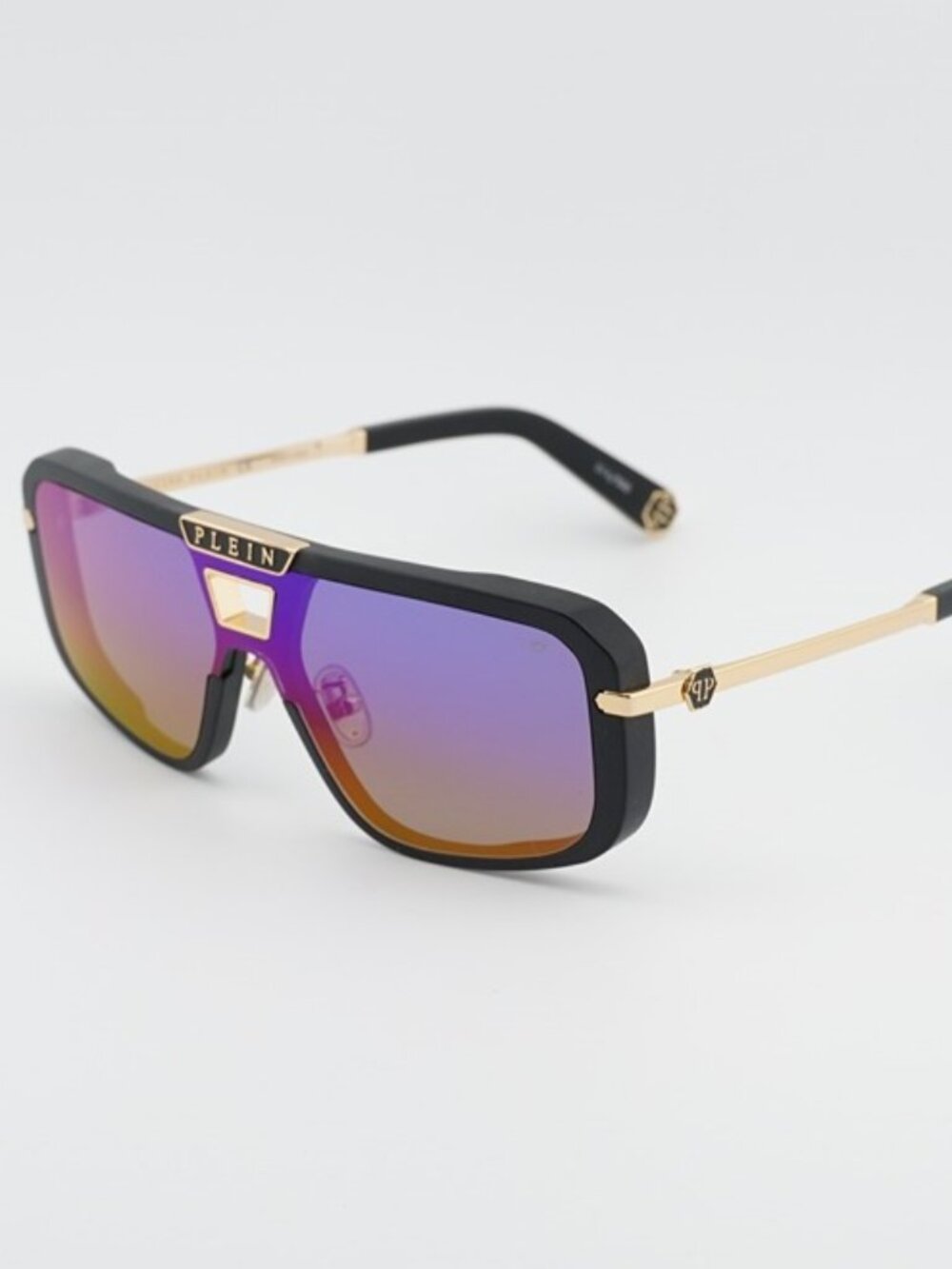 Philipp Plein SPP008M 703V Sunglasses Black Aviator Frame, Smoke Rainbow Lenses
